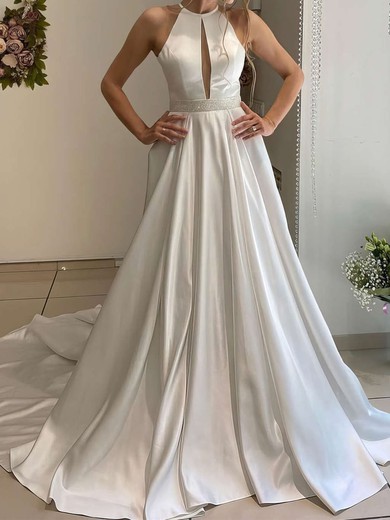 Ball Gown Scoop Neck Satin Sweep Train Wedding Dresses With Beading #UKM00023655