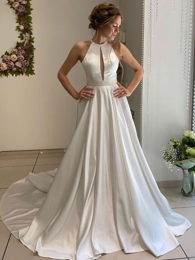 Ball Gown Scoop Neck Satin Sweep Train Wedding Dresses With Beading #UKM00023655