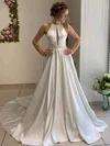 Ball Gown Scoop Neck Satin Sweep Train Wedding Dresses With Beading #UKM00023655