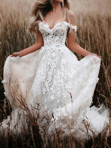 Ball Gown Off-the-shoulder Tulle Sweep Train Wedding Dresses With Appliques Lace #UKM00023656