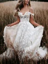 Ball Gown Off-the-shoulder Tulle Sweep Train Wedding Dresses With Appliques Lace #UKM00023656