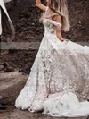 Tulle Off-the-shoulder Princess Sweep Train Appliques Lace Wedding Dresses #UKM00023656
