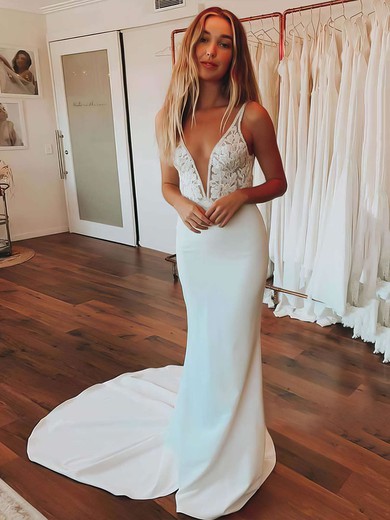 Trumpet/Mermaid V-neck Stretch Crepe Sweep Train Wedding Dresses With Appliques Lace #UKM00023657