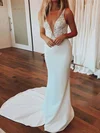 Trumpet/Mermaid V-neck Stretch Crepe Sweep Train Wedding Dresses With Appliques Lace #UKM00023657