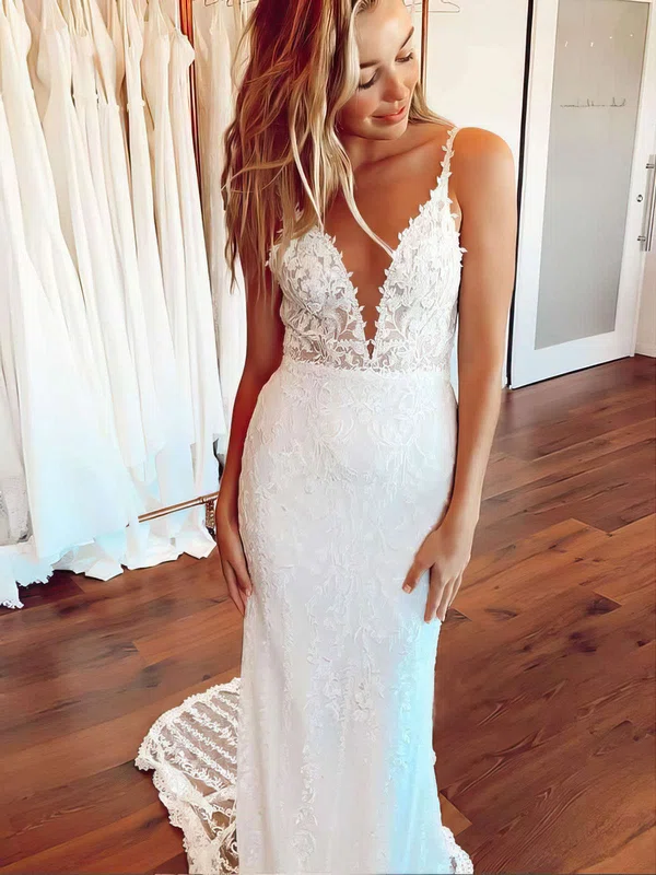 Trumpet/Mermaid V-neck Lace Sweep Train Wedding Dresses With Appliques Lace #UKM00023658