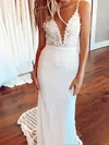 Trumpet/Mermaid V-neck Lace Sweep Train Wedding Dresses With Appliques Lace #UKM00023658