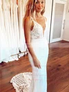 Lace V-neck Trumpet/Mermaid Sweep Train Appliques Lace Wedding Dresses #UKM00023658