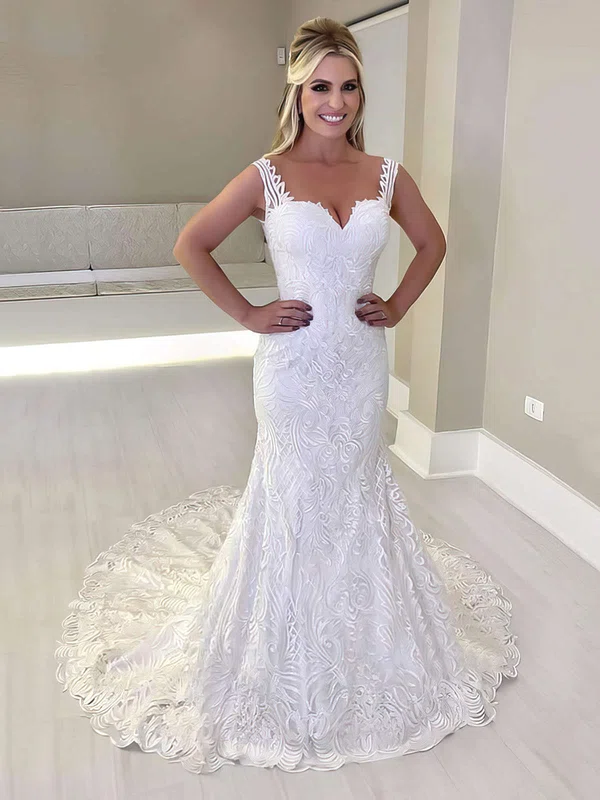 Lace Sweetheart Trumpet/Mermaid Sweep Train Appliques Lace Wedding Dresses #UKM00023659