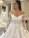 Satin Off-the-shoulder Ball Gown Court Train Flower(s) Wedding Dresses #UKM00023661