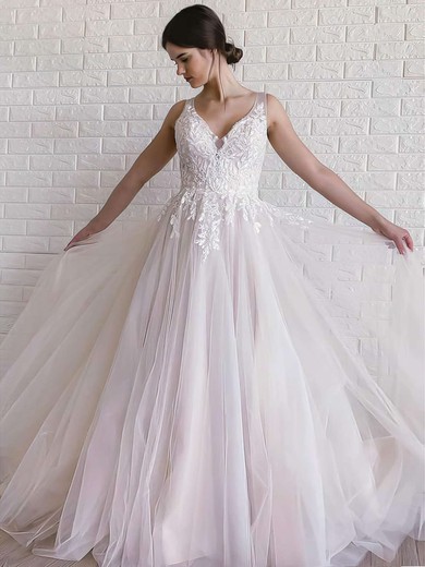 Ball Gown V-neck Tulle Sweep Train Wedding Dresses With Appliques Lace #UKM00023663