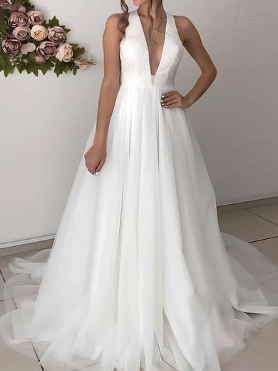 Ball Gown V-neck Tulle Sweep Train Wedding Dresses With Beading #UKM00023664