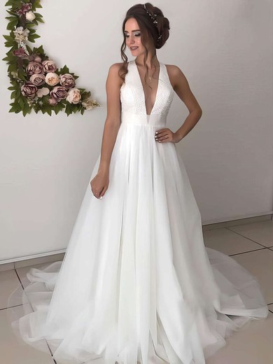 Tulle V-neck A-line Sweep Train Beading Wedding Dresses #UKM00023664
