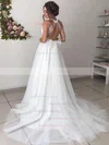 Tulle V-neck A-line Sweep Train Beading Wedding Dresses #UKM00023664