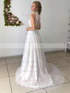 Lace Tulle High Neck A-line Sweep Train Appliques Lace Wedding Dresses #UKM00023665