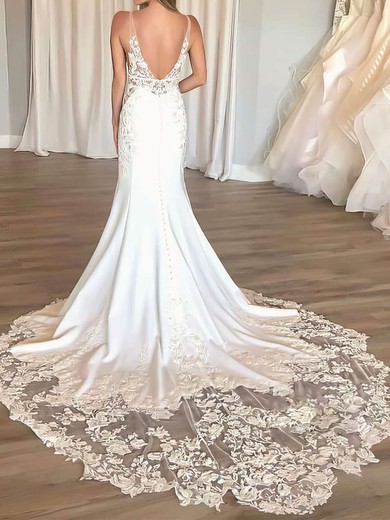 Trumpet/Mermaid V-neck Stretch Crepe Court Train Wedding Dresses With Appliques Lace #UKM00023666