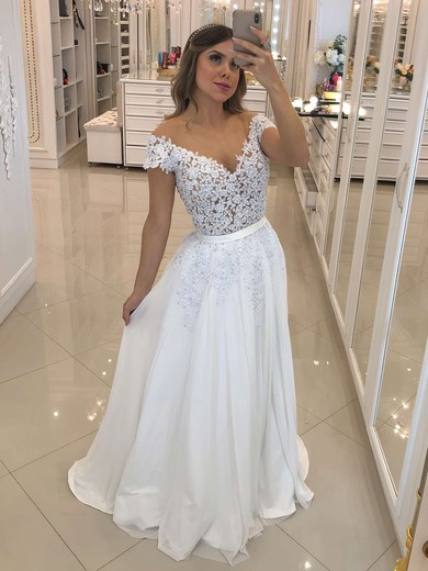 A-line Illusion Chiffon Sweep Train Wedding Dresses With Pearl Detailing #UKM00023667
