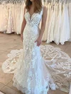 Trumpet/Mermaid V-neck Tulle Court Train Wedding Dresses With Appliques Lace #UKM00023670