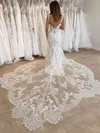 Trumpet/Mermaid V-neck Tulle Court Train Wedding Dresses With Appliques Lace #UKM00023670