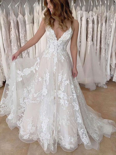 Tulle V-neck Princess Sweep Train Appliques Lace Wedding Dresses #UKM00023671