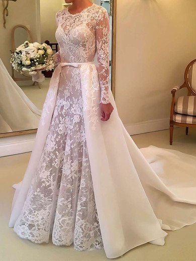 Ball Gown Illusion Lace Court Train Wedding Dresses With Sashes / Ribbons #UKM00023673