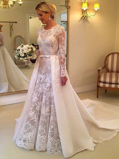 Ball Gown Illusion Lace Court Train Wedding Dresses With Sashes / Ribbons #UKM00023673