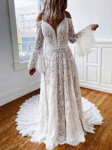 A-line V-neck Lace Sweep Train Wedding Dresses #UKM00023674