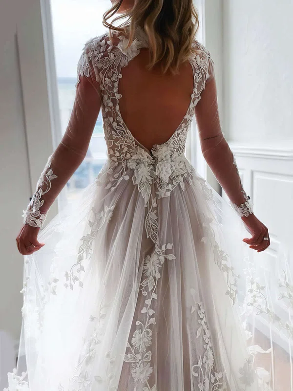 Tulle V-neck A-line Sweep Train Appliques Lace Wedding Dresses #UKM00023675