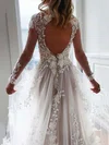 Ball Gown V-neck Tulle Sweep Train Wedding Dresses With Appliques Lace #UKM00023675