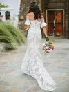 Lace Off-the-shoulder Sheath/Column Sweep Train Appliques Lace Wedding Dresses #UKM00023679