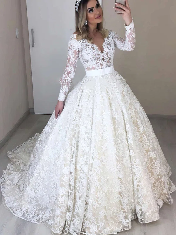 Ball Gown Illusion Lace Sweep Train Wedding Dresses With Sashes / Ribbons #UKM00023683