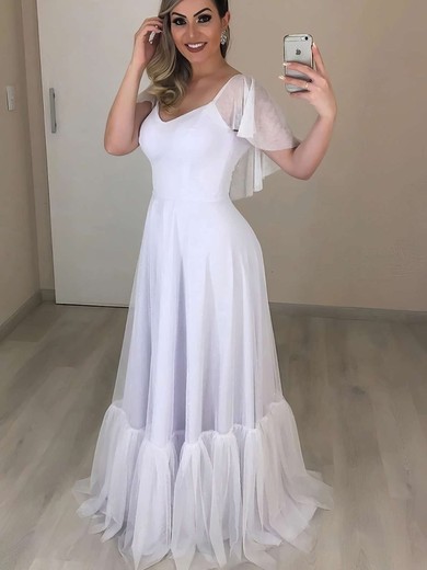 Tulle V-neck A-line Floor-length Wedding Dresses #UKM00023684