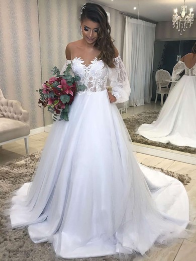 Tulle Off-the-shoulder Ball Gown Sweep Train Appliques Lace Wedding Dresses #UKM00023687
