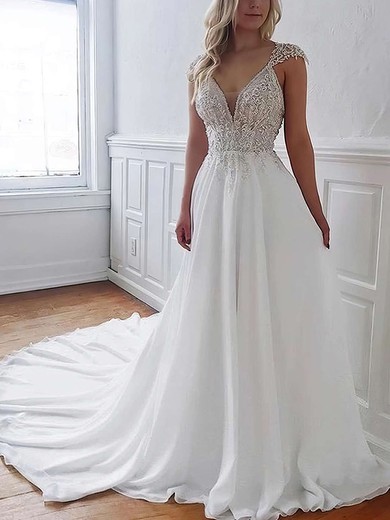 Chiffon V-neck Princess Court Train Beading Wedding Dresses #UKM00023690