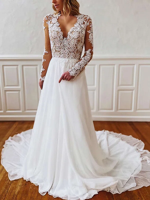 A-line V-neck Chiffon Court Train Wedding Dresses With Appliques Lace #UKM00023691