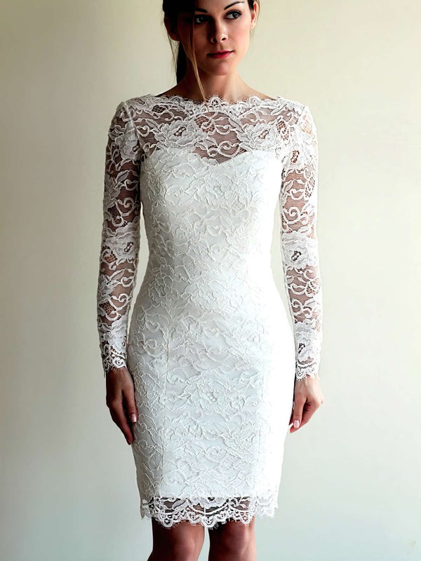 Lace Scalloped Neck Sheath/Column Knee-length Wedding Dresses | MillyBridal