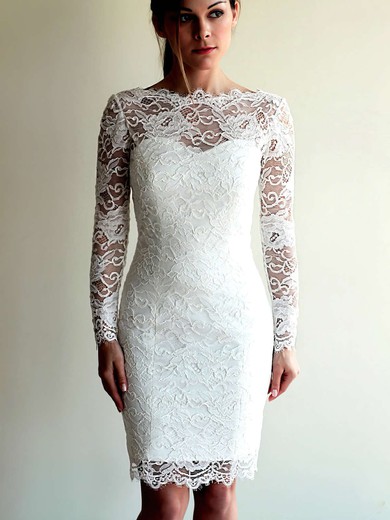 Lace Scalloped Neck Sheath/Column Knee-length Wedding Dresses #UKM00023693