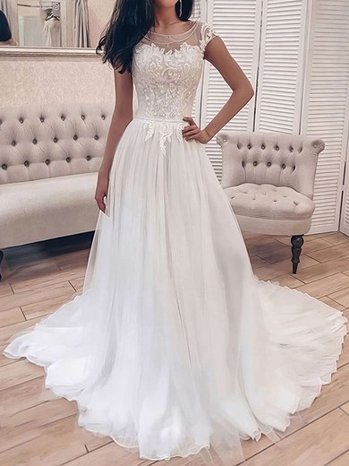 Ball Gown Illusion Tulle Sweep Train Wedding Dresses With Appliques Lace #UKM00023694