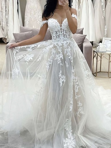 Ball Gown Off-the-shoulder Tulle Sweep Train Wedding Dresses With Appliques Lace #UKM00023695