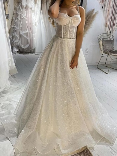 Ball Gown/Princess Sweetheart Glitter Sweep Train Wedding Dresses With Beading #UKM00023696