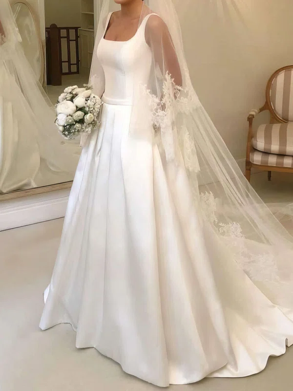 Ball Gown/Princess Square Neckline Satin Sweep Train Wedding Dresses With Pockets #UKM00023697