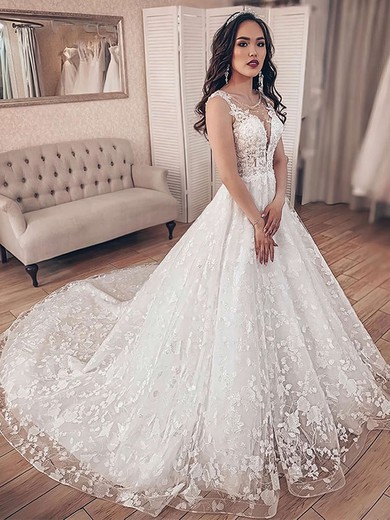 Ball Gown Illusion Lace Court Train Wedding Dresses With Beading #UKM00023698