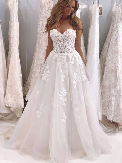 Tulle Sweetheart Princess Sweep Train Appliques Lace Wedding Dresses #UKM00023699