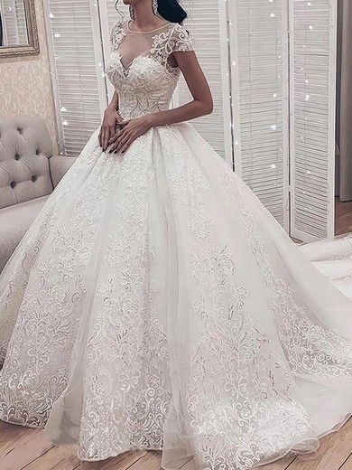 Ball Gown/Princess Illusion Tulle Court Train Wedding Dresses With Appliques Lace #UKM00023702