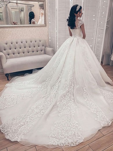 Tulle Scoop Neck Ball Gown Court Train Appliques Lace Wedding Dresses #UKM00023702