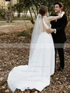 Satin High Neck A-line Sweep Train Wedding Dresses #UKM00023704