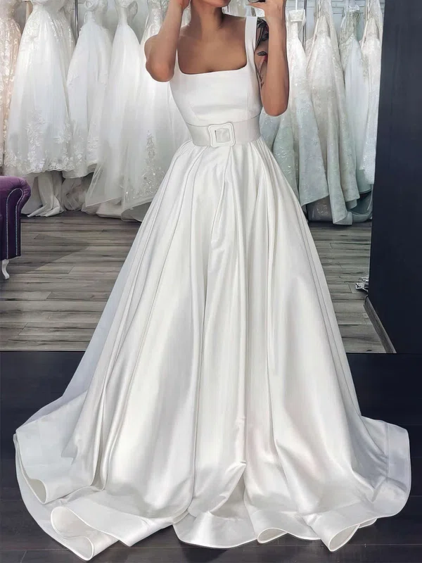 Ball Gown/Princess Square Neckline Satin Sweep Train Wedding Dresses With Sashes / Ribbons #UKM00023705