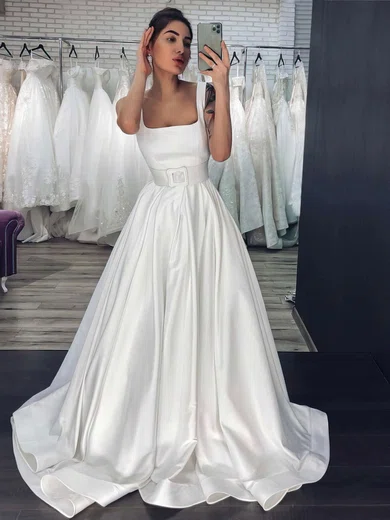 Ball Gown Square Neckline Satin Sweep Train Wedding Dresses With