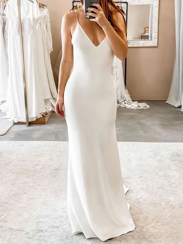 Sheath/Column V-neck Stretch Crepe Floor-length Wedding Dresses #UKM00023706