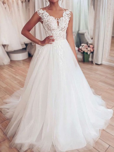 Ball Gown/Princess Illusion Tulle Sweep Train Wedding Dresses With Appliques Lace #UKM00023709