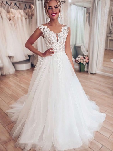 Ball Gown Illusion Tulle Sweep Train Wedding Dresses With Appliques Lace #UKM00023709
